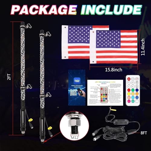 Image of LED Whip Lights, AKD Part 2PCS 2FT UTV ATV Lighted Whips Bluetooth APP /Remote Control RGB LED Whips Antenna Flags for UTV SXS Side by Side Trucks RZR Can-Am Kawasaki Honda Yamaha Accessories