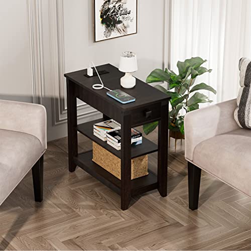 Hoseoka Narrow End Table With Charging Station, Farmhouse End Table With Usb Ports And Outlets For Small Space, Slim Sofa Side Table With Storage Drawer For Living Room Bedroom, Espresso #TOP4