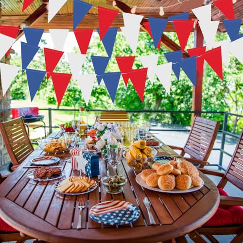 Image of XIANMU 40 Feet 104 Pcs Red White Blue Banner Patriotic Party Decorations Paper Pennant Triangle Flag Bunting Garlands for 4th of July Independence Day Graduation Party Decoration Supplies