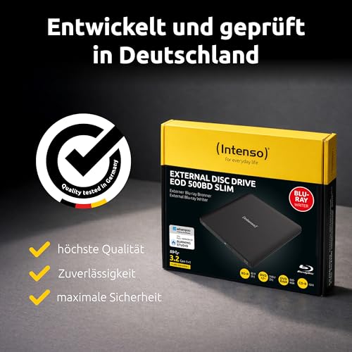 Intenso externes Blu-ray Laufwerk/externer Brenner EOD 500BD Slim, USB 3.2, für Laptop, Desktop PC, iMac, MacBook, Windows, MacOS, inkl. kostenloser Brenn-Software Ashampoo Burning Studio, Schwarz