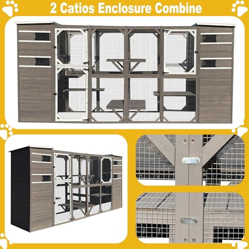 Gowoodhut Large Outdoor Catio Cat Enclosures - Wooden Cat House Weatherproof with Multi Platforms & Weather Resistant Roof, Catio Combined- 71\" H 77\" L