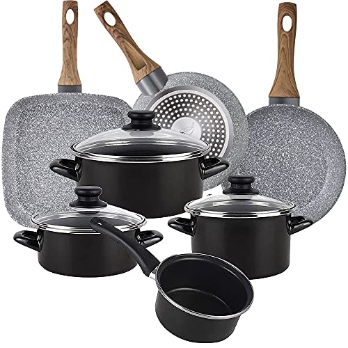 Magefesa Bateria de cocina 7 piezas MAGEFESA Kenia de acero esmaltado con juego de sartenes (18/22 cm) y grill 28x28 Daimiel en aluminio forjado