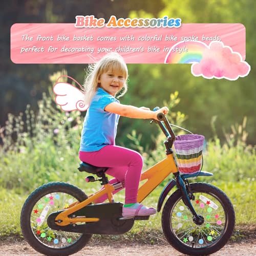 Spesh Kinder Fahrradkorb Vorne Geflochten Kinder Lenkerkorb mit 72 Stück Bunten Fahrradspeichen Dekorationen, Passend für 12-20 Zoll Kinderfahrräder(Regenbogen-A)