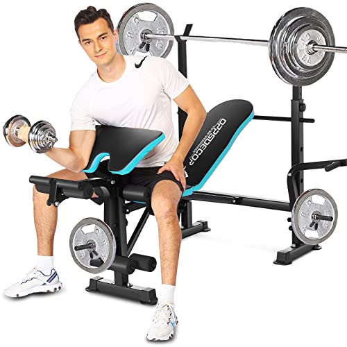 OPPSDECOR 600lbs 6 in 1 Olympic Weight Bench Set with Rack Leg Developer Preacher Curl Adjustable Bench Press Set Workout Bench for Full Body Exercise Home Gym(US Stock)