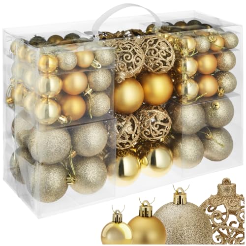 tectake® Bolas de Navidad con Plástico Inastillable, Acabados Mate Brillante Purpurina y Cuerdas Doradas Resistentes, Navidad Decoración, Relleno, Bolas Arbol - Conjunto de 100 Bolas Doradas