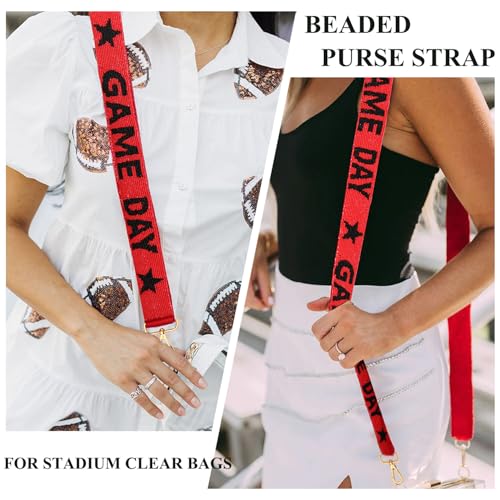 Image of Beaded Purse Strap Football Game Day Purse Strap Stadium Clear Handbag Replacement Straps Red Black Crossbody Bag Strap Football Accessories Game Day Outfits (Red Black)