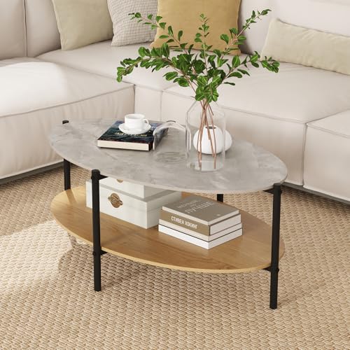 LIFEZEAL Table Basse Ovale avec Plateau en Faux Marbre, Table de Salon à 2 Niveaux avec Cadre en Métal Robuste, Meuble de Salon Design Moderne, 105X65X43 CM,...