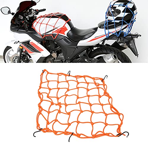 CUEI Motorrad Gepäcknetz, 30,5 x 30,5 cm Helmaufbewahrung, Latex Bungee Gepäcknetz, Dickes 25 kg schweres Gepäcknetz, dehnbar bis 35 Zoll, 6 verstellbare Haken für Paddleboard, Fahrrad, ATV,(Orange)
