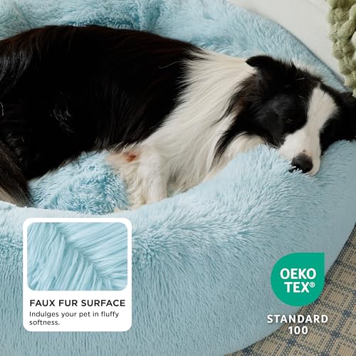 Image of Bedsure Calming Dog Bed for Large Dogs - Donut Washable Large Pet Bed, 36 inches Anti-Slip Round Fluffy Plush Faux Fur Dog Bed, Fits up to 80 lbs Pets, Aqua Blue