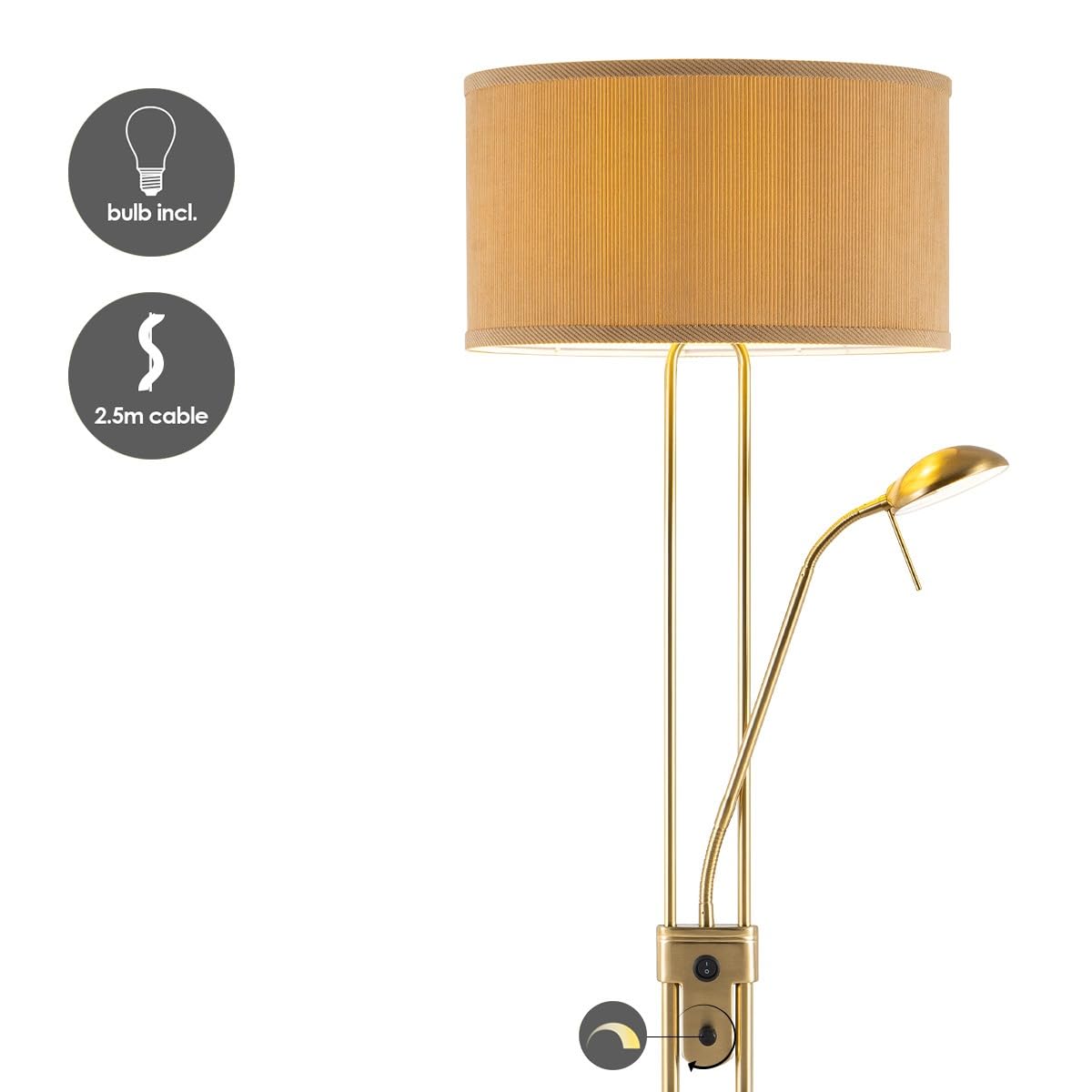 Home Sweet Home Piantana uplighter con lampada da lettura dimmerabile – Lampada da terra per soggiorno in ottone, lampada LED da 170 cm con paralume in tessuto, incluse lampadine E27 e G9