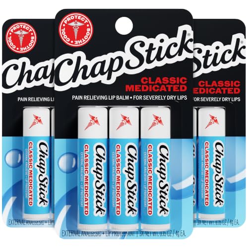 ChapStick Classic Medicated 3-Pack (3 Sets/9 Tubes) Moisturizing Lip Balm Dry Lips & Cold Sore Pain Relief Bundle 0.15 Oz Ea