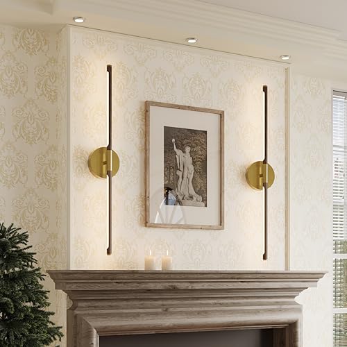 Image of Battery Operated Wall Sconce Set of 2-8000mAh, Rechargeable, Dimmable, 3000K-6000K, Remote, Touch Control, Timer, 350 Rotate, LED Wall Lamps for Living Room, Bedroom, 32 Inch, Walnut Gold
