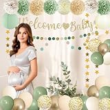 Acidea Dekoracje na baby shower, szałwia, zielony baner powitalny, balony, ozdoba na ciasto, papierowe lampiony, pompony kwiaty frędzle, girlanda, okrągłe kropki gwiazda girlanda, neutralne pod