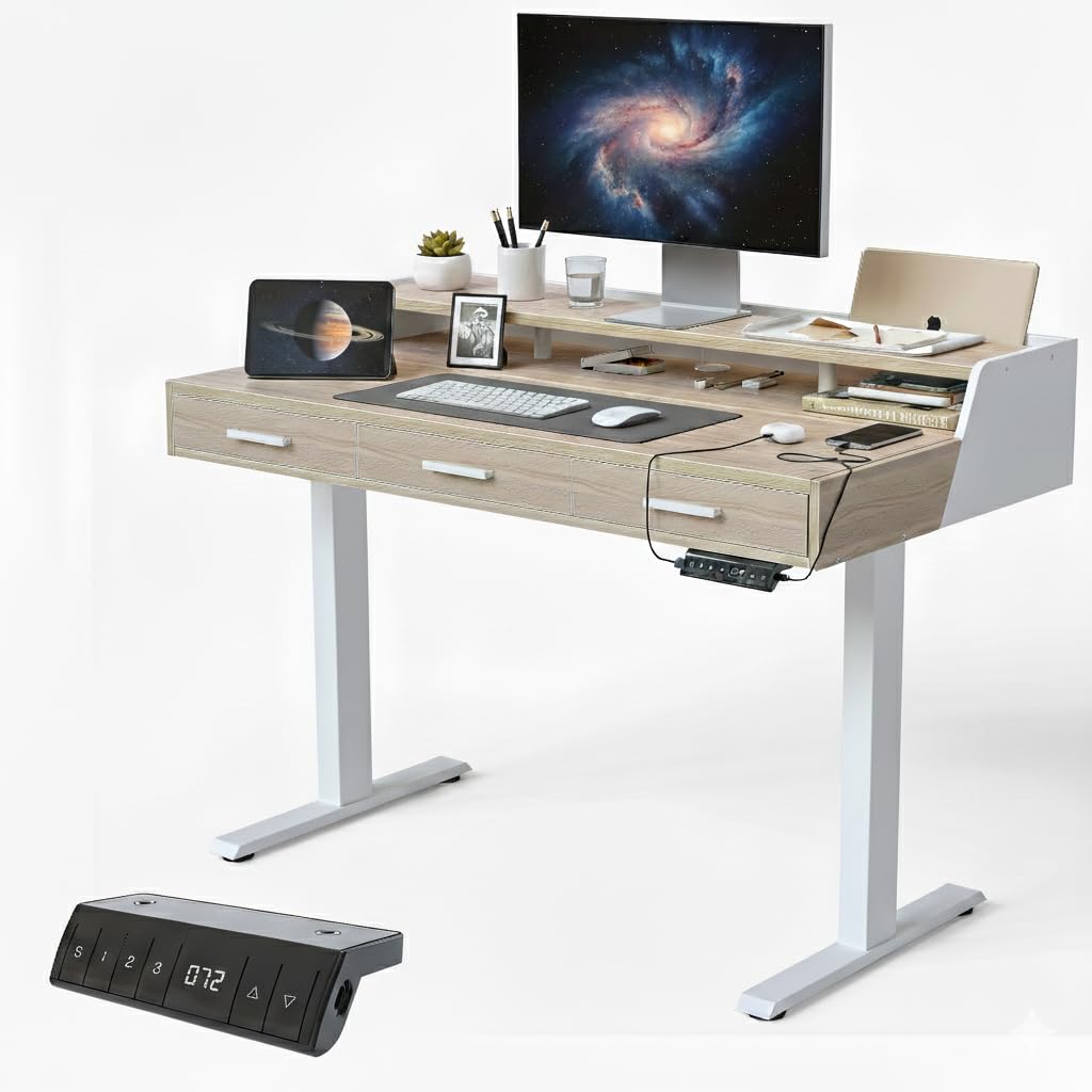 CubiCubi Standing Desk 48x26 Inches with 3 Wood Drawers and Monitor Shelf Ergonomic Rising Home Office Desks Height