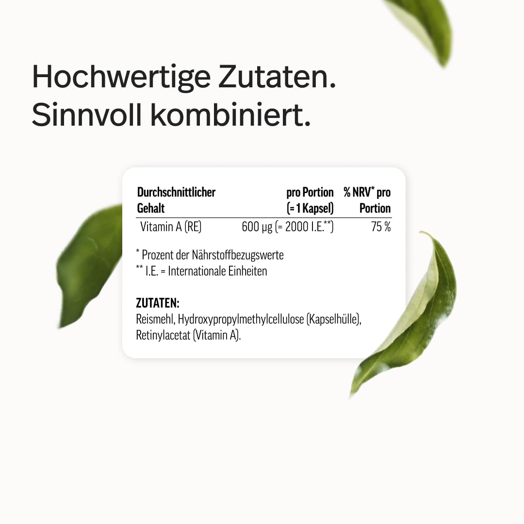 edubily® Vitamin A Retinol - Vitamin A Kapseln als Retinol für die tägliche Ergänzungsroutine - mit 2000 I.E. Retinylacetat pro Kapsel - Laborgeprüft - 1 Kapsel täglich (180 Kapseln, vegan)