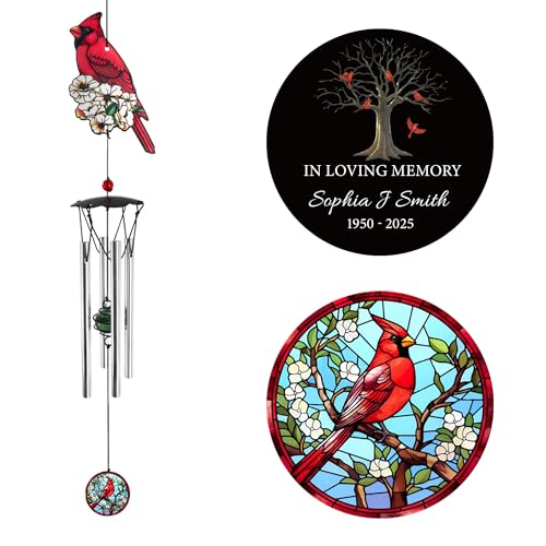 Image of ASTARIN Small Wind Chimes Memorial Personalized, Custom Tree and Cardinal Sympathy Wind Chime, Windchimes in Memory of a Loved One, Remembrance Gifts for Woman