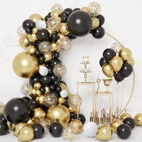 Image of CANREVEL 50pcs 12 Inches Black Gold Confetti Balloons Kit, Metallic Gold and Black White Party Balloons with Ribbons for Birthday, Baby Shower, Graduation, New Year Decorations