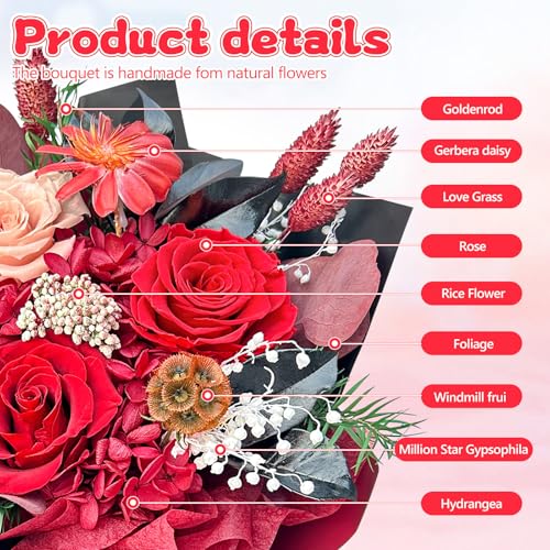 Preserved Flower Bouquet, Red Eternal Real Rose with Vase, Home Decor Natural Genuine Rose Lasts 1-3 Years, Valentine's Day Mother's Day Anniversary Christmas Birthday Gifts for Women Her - Image 4