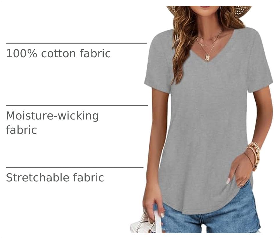 Image of Elesomo Womens T Shirts V Neck Summer Short /Long Sleeve Cotton Tops