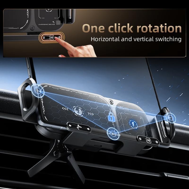 A finger pressing a button on the car mount, with text indicating 'One click rotation' and 'Horizontal and vertical switching'.