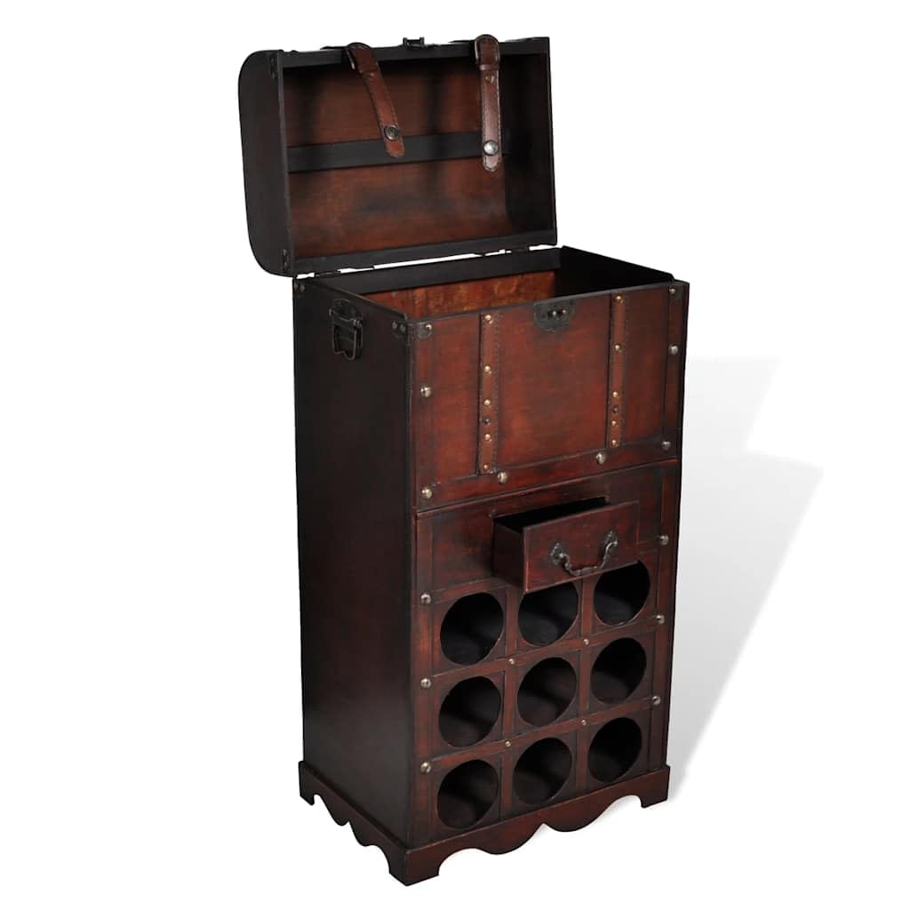 Botellero de madera para 9 botellas con baúl de almacenamiento y cajón, soporte para botellas de vino, para sala de estar, cocina