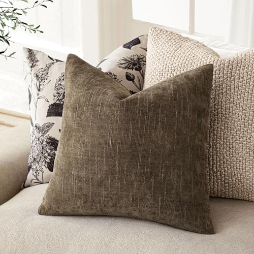 Image of Foindtower Pack of 2 Soft Textured Chenille Throw Decorative Pillow Covers Square Accent Solid Cushion Cover Neutral Farmhouse Pillow Case for Couch Sofa Bedroom Living Room 16x16 Inch,Taupe Brown
