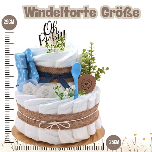 Trend Mama | Boho Windeltorte – 27 Windeln (Gr. 2), Babytee, Breilöffel, Babysocken – Jute-Look mit „Oh Baby“ Stecker –Handgemachtes Geschenk zur Geburt – Babyshower Geschenk Junge blau