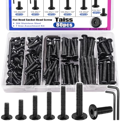 Taiss 80PCS Flat Head Hex Socket Cap Screws Bolts 7 Sizes 1/4-20x3/4 1" 1-1/4" 1-1/2" 2",5/16-18x1 1-1/2" 304 Stainless Steel Furniture Bolts,Full Thread Furniture Screws with Hex Wrench