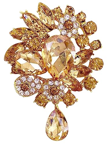 Womens Vintage Fashion Brooch Crystal Antiqued Gold Tone Bridal Big Teardrop Bouquet Style For Party Wedding Jewelry (Champagne)