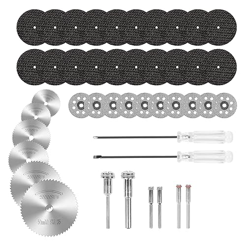 44 Stück Diamant-Trennscheiben für Dremel-Drehwerkzeug, 10 Stück Diamant-Trennrad, 6 Stück HSS Kreissägeblätter, 20 Stück Harz-Trennscheiben, 6 Stück Dorne mit 2 Schraubendrehern für Holz, Metall,