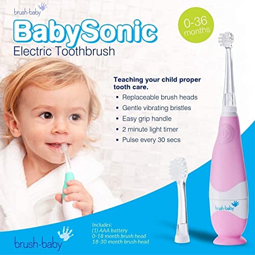 Brush Baby BabySonic Elektrische tandenborstel voor baby's en peuters voor leeftijden 0-3 jaar - Slimme LED-timer en zachte trillingen zorgen voor een leuke poetservaring - Inclusief 2 gevoelige opzetborstels (roze) - Image 3