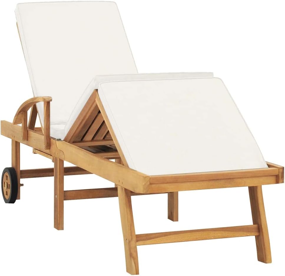 Sun Lounger with Cushion,Patio Lounge Chair,Beach Sunbathing Chair,Camping Chair,Portable Loungers,Backrest Adjustable in 3-positions,for Patios,Pools,Lawns,Camping,Solid Teak Wood Cream