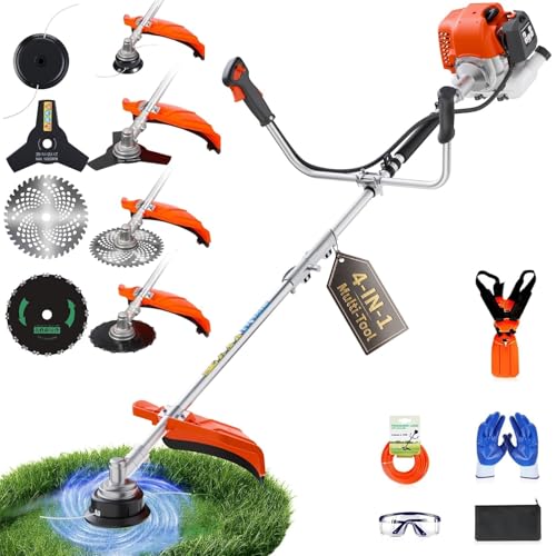 IVOVI 52cc 4-in-1 Gas Weed Eater and Brush Cutter - Straight Shaft Commercial Weed Wacker with Metal Blade - Heavy Duty 2-Cycle Multi-Tool System for Tall Grass and Weeds (Orange)