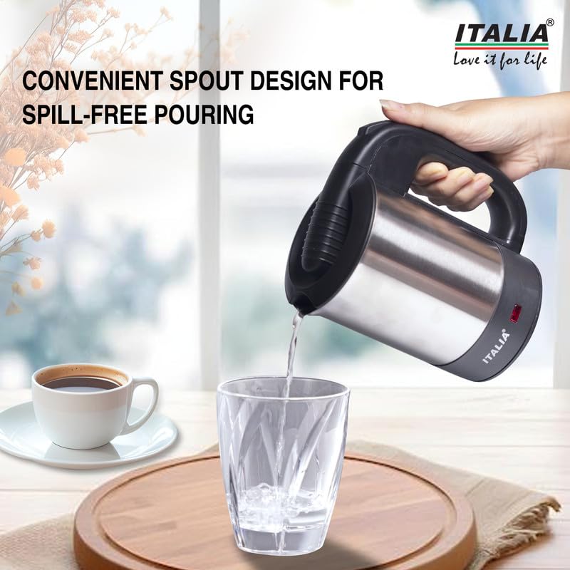 Image of ITALIA 500ml Electric Travel Kettle with 2 Cups, 1000W Mini Stainless Steel Portable Kettle for Hot Water, Tea Coffee, Auto Shut-Off, Concealed Heating, Office Hostel Travel, 1 Year Warranty
