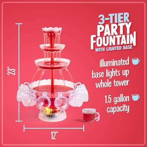 Image of Nostalgia 3-Tier Party Fountain, Holds 1.5 Gallons, LED Lighted Base, Includes 8 Reusable Cups, 1.5 Gallon, Clear