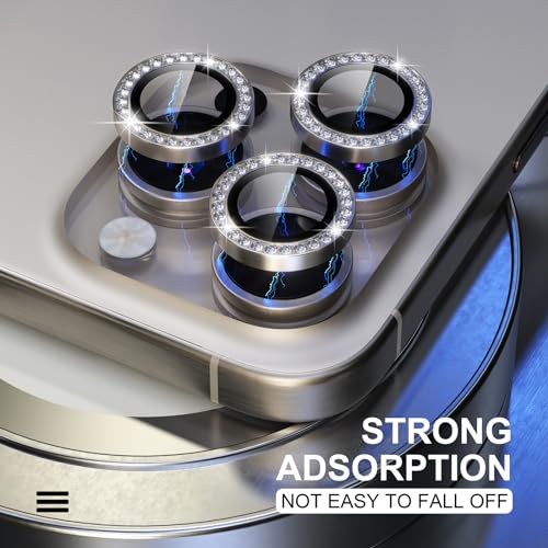 Image of Choiche Compatible for iPhone 15 Pro /iPhone 15 Pro Max Camera Lens Protector Bling, 9H Tempered Glass Camera Cover Screen Protector Metal Ring Decoration Accessories (Diamond-Titanium Natural)