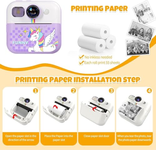Image of Cason Instant Camera for Kids with Print,1080P HD Instant Photo Camera with Games,3 Print Rolls,Fun Filters for Creativity for 5-15 Years Kids Upto 32GB (Unicorn)