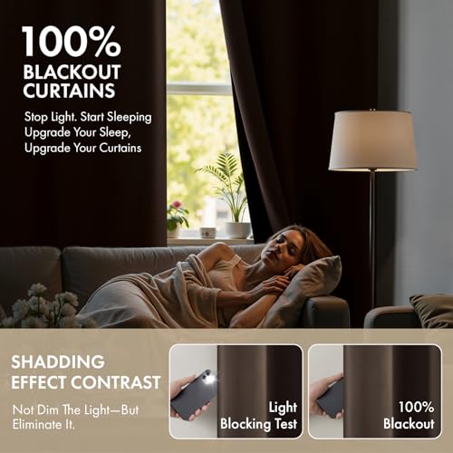 Image of MIULEE Chocolate Brown 100% Blackout Curtains for Bedroom 40x54 Inch Length | 2 Thick Layers Thermal Insulated Short Curtains with Black Liner, Noise Reducing Grommet, Drapes for Living Room, 2 Panels