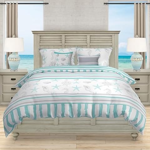 Mod Lifestyles; King Size Comforter Set 106" X 94" | Under The Sea Stripes Design | 5-Piece Set with 1 Comforter, 2 Pillow Shams, 1 Decorative & 1 Boudoir Filled Pillow | Vibrant Bedroom Décor Cover
