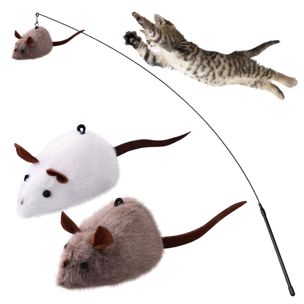 PAZ'S GIFT Cat Wand Toy, Mouse 2-Piece Catnip wzggle Sound Toy, Soft and Durable, Interactive cat Kick for Indoor Games