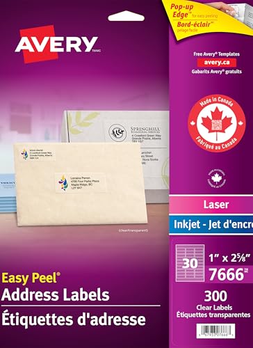 Avery Clear Rectangle Labels with Easy Peel for Laser and Inkjet Printers, 1" x 2-5/8", Glossy Clear, Rectangle, 300 Labels, Permanent (7666) Made in Canada image 5