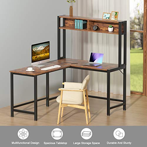 L-Shaped Desk with Hutch, 55 Inch Corner Computer Desk Gaming Table Workstation with Storage Shelves Bookshelf, Study Writing Space Saving Desk for Home Office (Rustic)