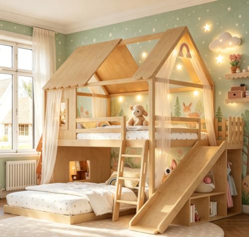 Image of Bellemave Bunk beds Full Over Full with Slide,Ladders,Bookshelf and Wardrobe House roof Design, Low bunk /loft Bed for Kids, Natural