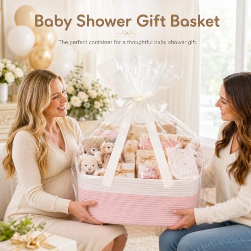 Image of OIASKET Large Empty Cotton Rope Gift Basket with Handles, 16.5 inchx12.6 inchx7 inch Decorative Woven Storage Basket with Gift Bag and Ribbon Set for Baby Shower, Toy Organizer for Kids, Dogs & Cats - Pink&White