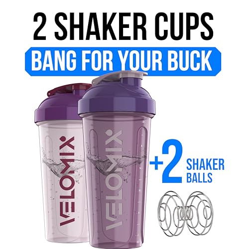 Image of VELOMIX -2 Pack- 28 oz Protein Shaker Bottles for Protein Mixes - 2x Wire Whisk | Leak Proof Shaker Cups for Protein Shakes and Pre Workout | Protein Shaker Bottle Pack (B7) Purple Mix