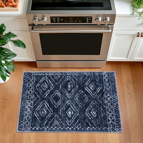 KILOCOCO Boho Entryway Rug 2x3 Printed Small Area Rug Indoor Door Mat Machine Washable Kitchen Rugs Super Soft Non Slip Throw Rugs for Bedroom Entrance Geometric Laundry Room, Dark Blue