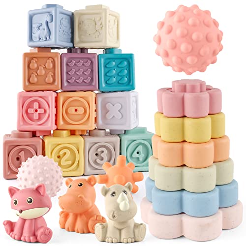 Image of DY-GO Soft Stacking Blocks for Baby 6-12 Months, 3 in 1 Sensory Building Blocks & Infant Bath Toys & Squeeze Balls, Educational Developmental Learning Toys for Infant Toddlers Gift 24 Pcs