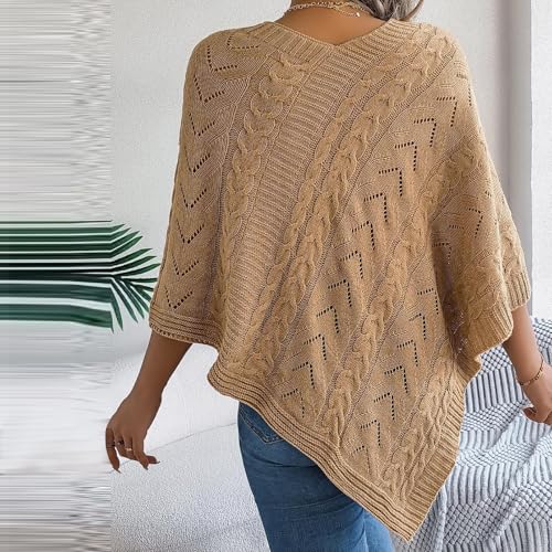 Poncho Knitted Cape Shawl Wrap Cardigan for Women Elegant Wrap V Neck Cable Knit Hollow Out Pullover Sweater Jumper Top4
