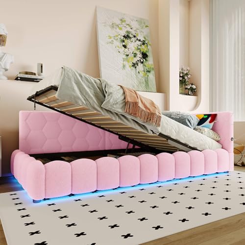 HYUB Polsterbett 90x200 cm, Tagesbett Einzelbett mit Rückenlehne und Bettkasten, Hydraulisches Bett mit Beleuchtung und Lattenrost, für Schlafzimmer und Gästezimmer, Vliesimitat, Rosa