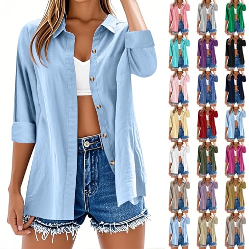 Camisetas de manga larga para mujer, estilo casual, con botones, de lino y algodón, color liso, cuello en V, cuello enrollable, holgadas, de gran tamaño, ligeras, elegantes, para oficina, trabajo